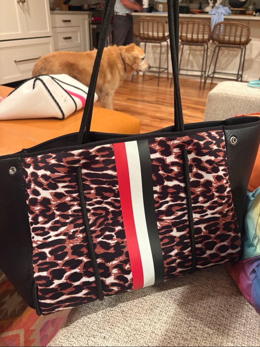 Leopard Print Haute Shore Tote Bag with Red & White Center Stripe